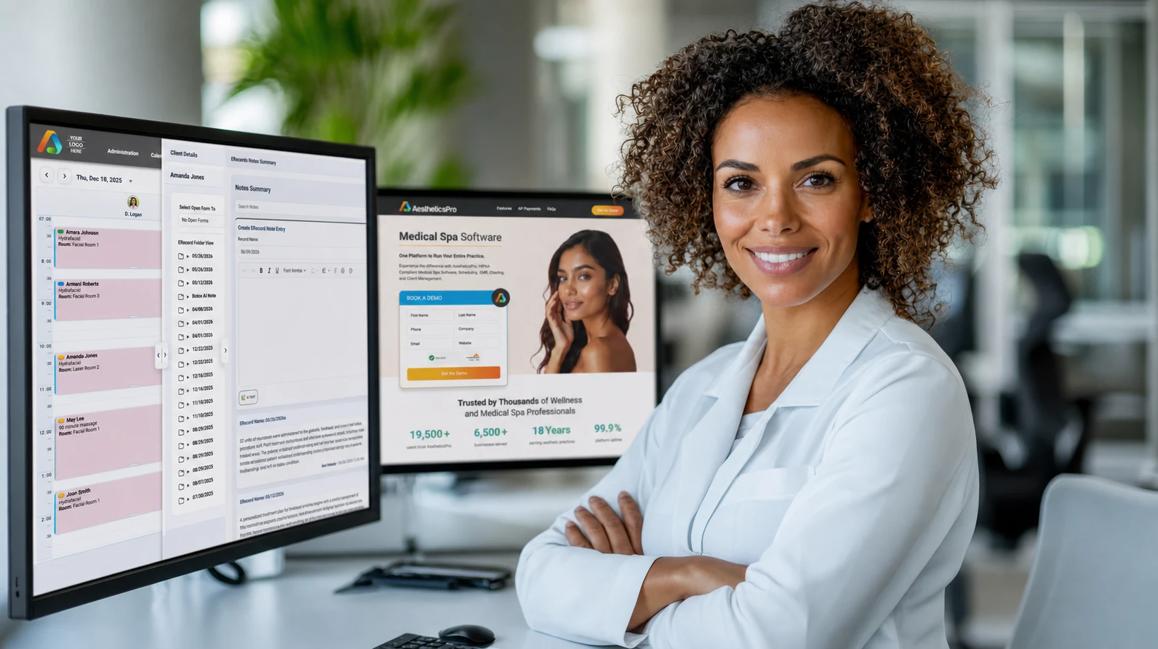 Aesthetic provider with AestheticsPro and Kai Content Assistant on desktop screens